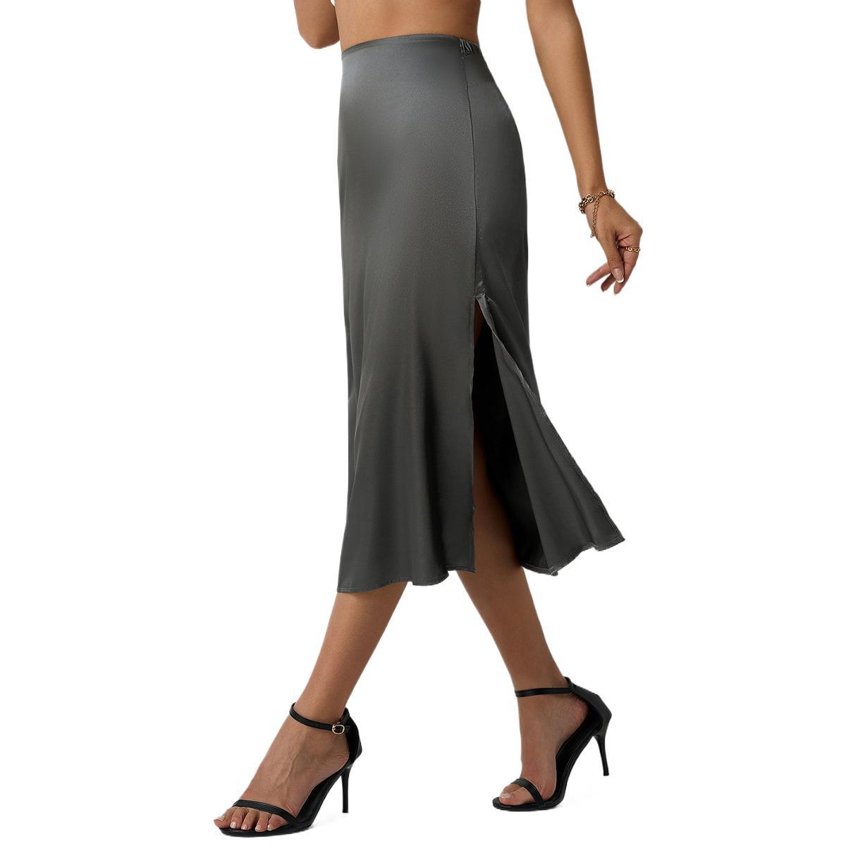 Popular Satin Midi Summer Long Slit Office Skirt