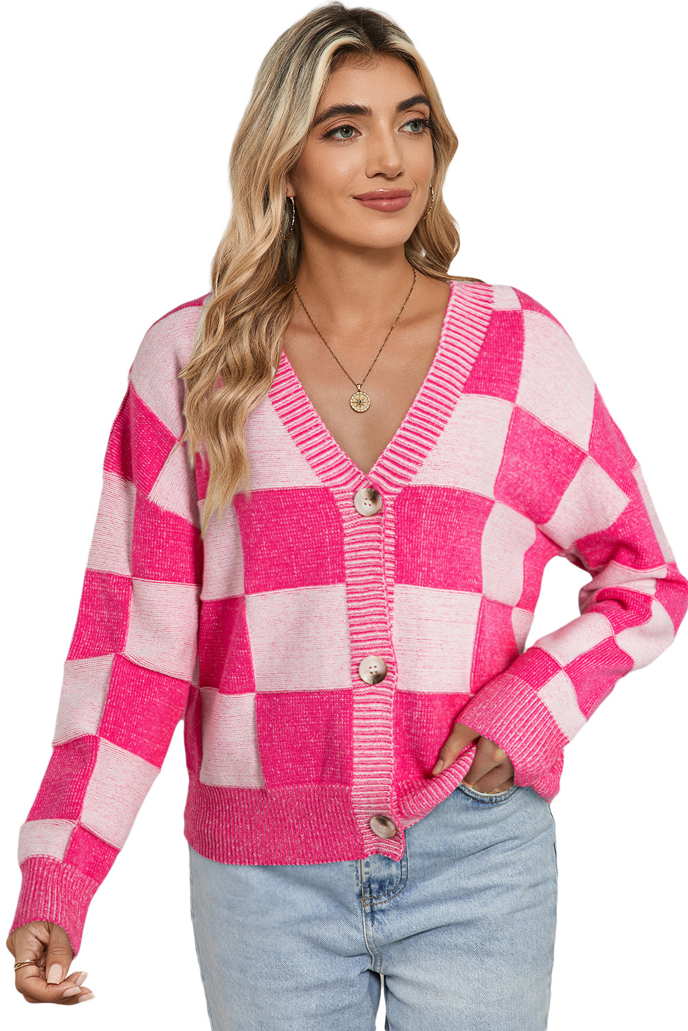 Cardigan nero con scollo a V e bottoni con spalle scoperte a quadretti