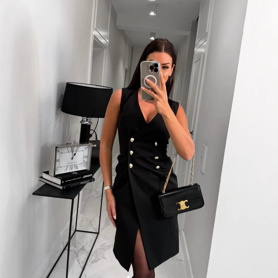 Spring New Arrival Double-Breasted V-Neck Sleeveless Cardigan Dress