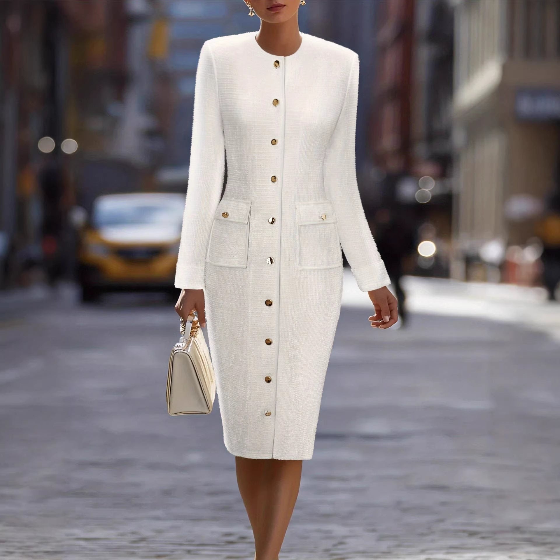 Elegant Off-white Tweed Long-sleeve Dress From Europe And The US