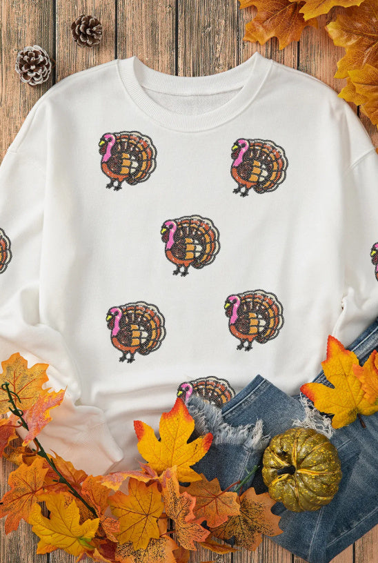 White Thanksgiving Turkey Sequin Patched Pullover Sweatshirt