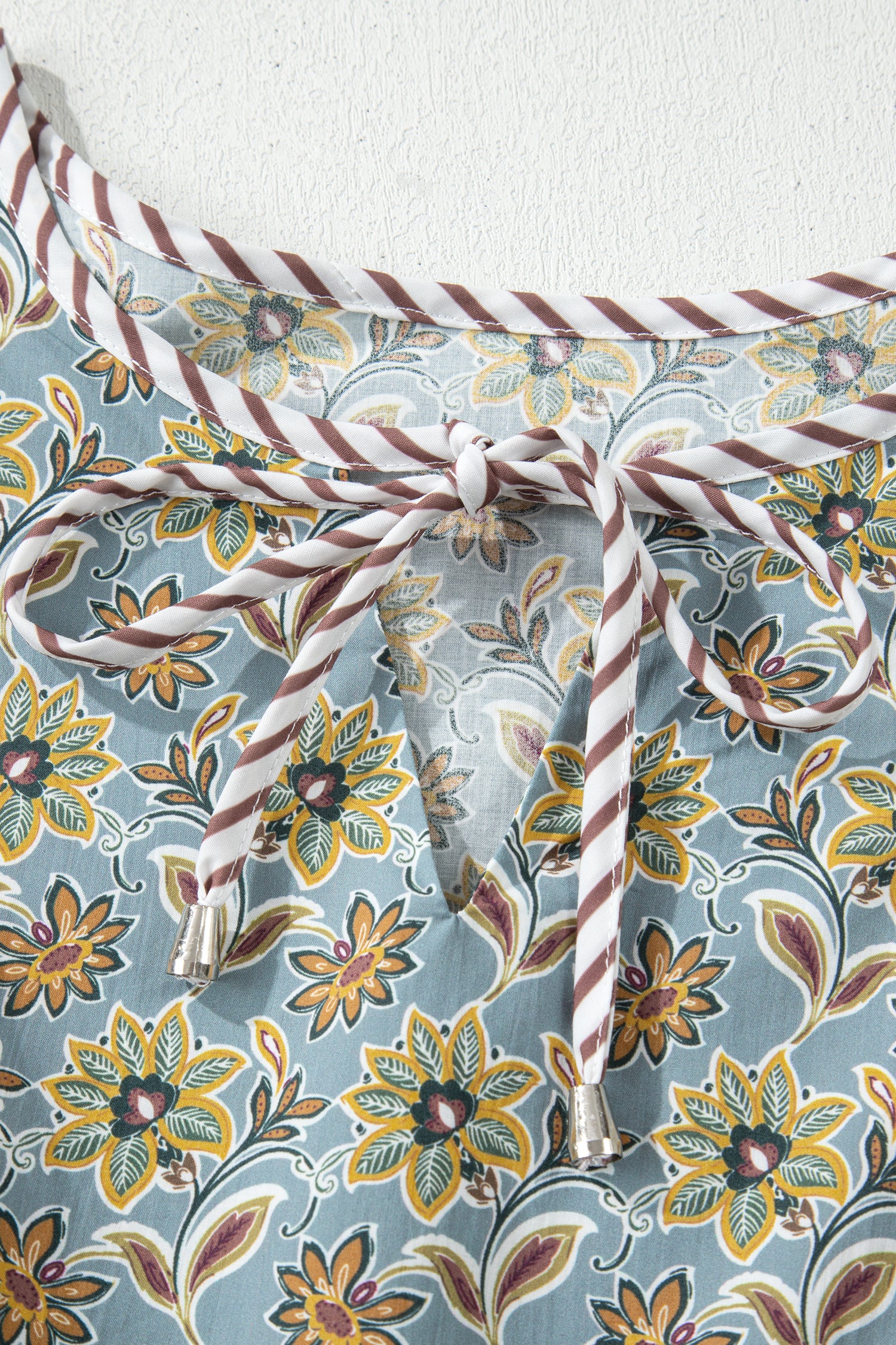 Green Plus Size Mixed Floral Print Striped Trim Loose Mini Dress