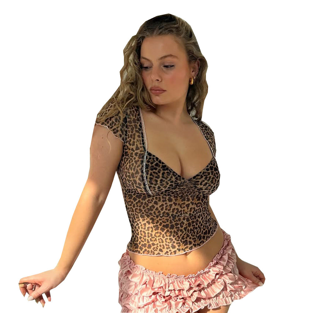 Fashion V-neck Midriff-baring Leopard Print Printing Stylish Top For Women