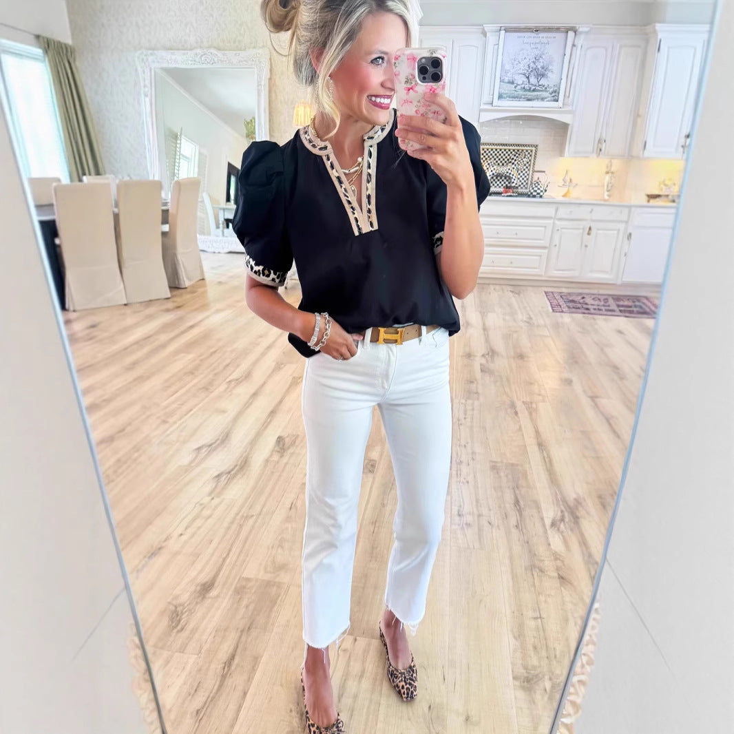 Leopard-print Contrast-color V-neck Puffed-sleeve Top