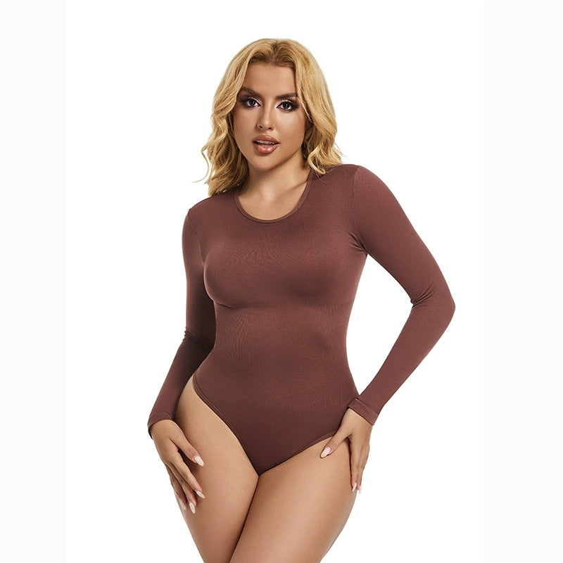 Seamless Waist-shaping Cinched-waist Crew-neck Long-sleeve Thong-style Women's Bodysuit