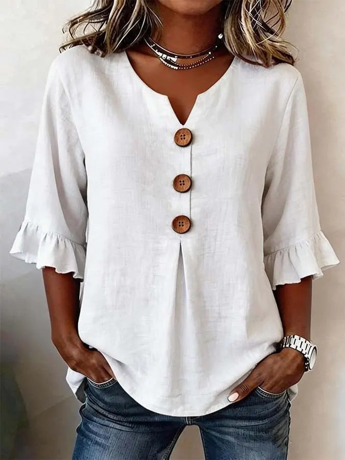 Women's V-neck Cotton-linen Button-up Top