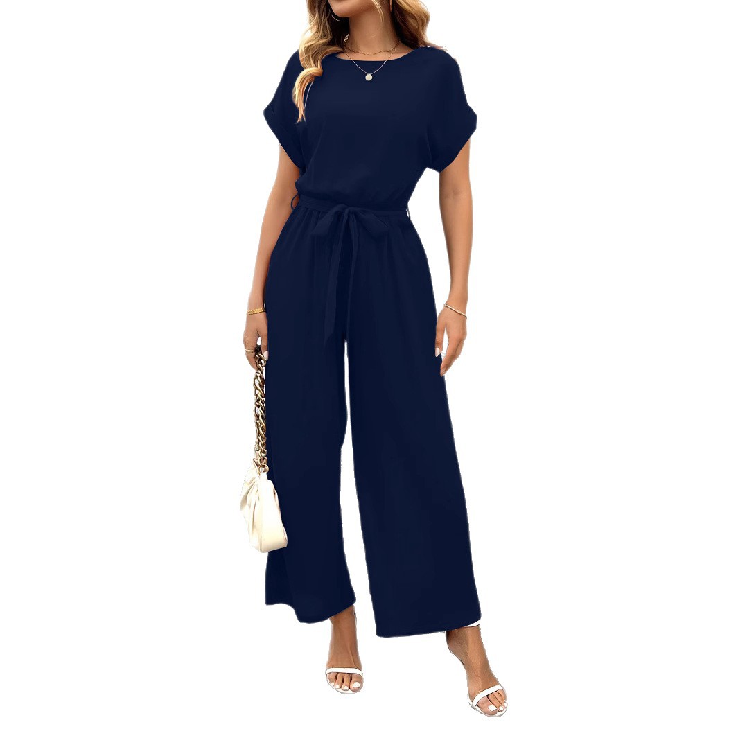 Womens Elegant Commuter Solid-Color Wide-Leg Straight-Jump Suit