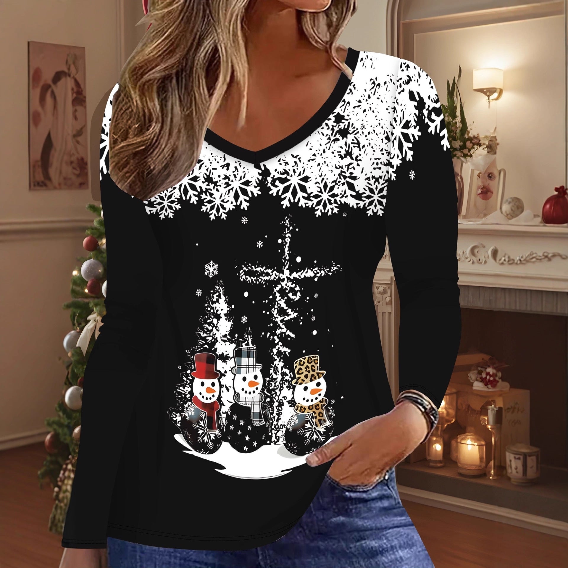New Christmas Snowman V-neck Printed Long-sleeve Womens Top