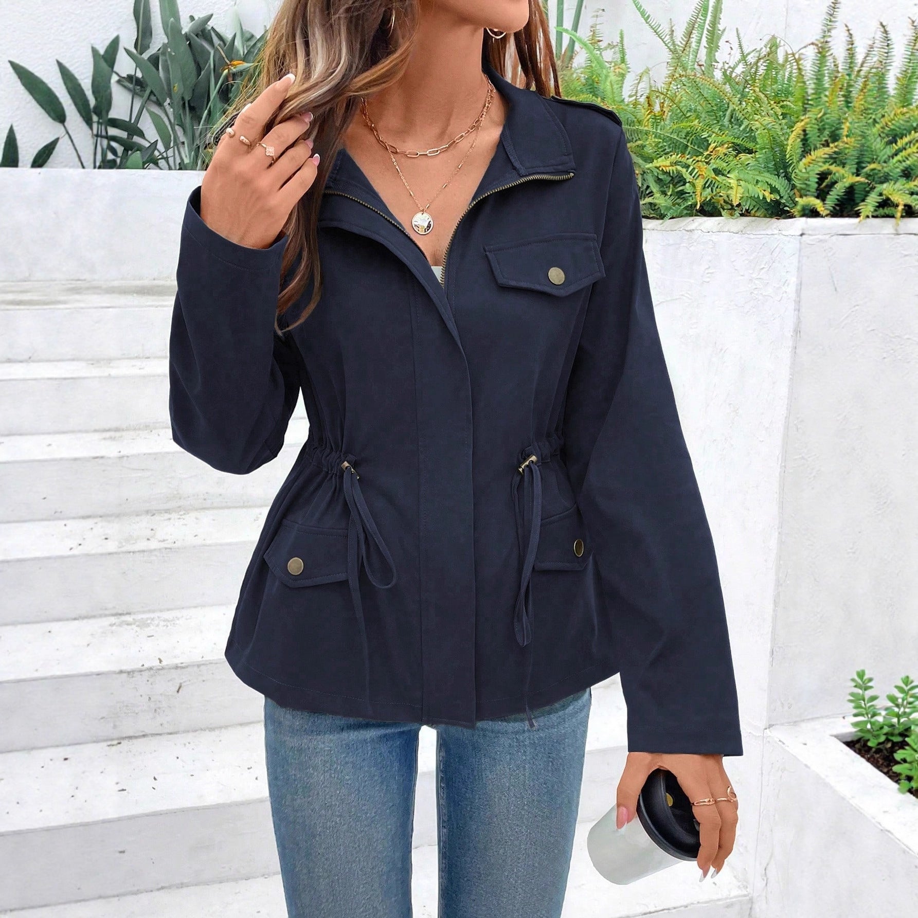 Solid Color Long Sleeve Casual Drawstring Waist Jacket Women