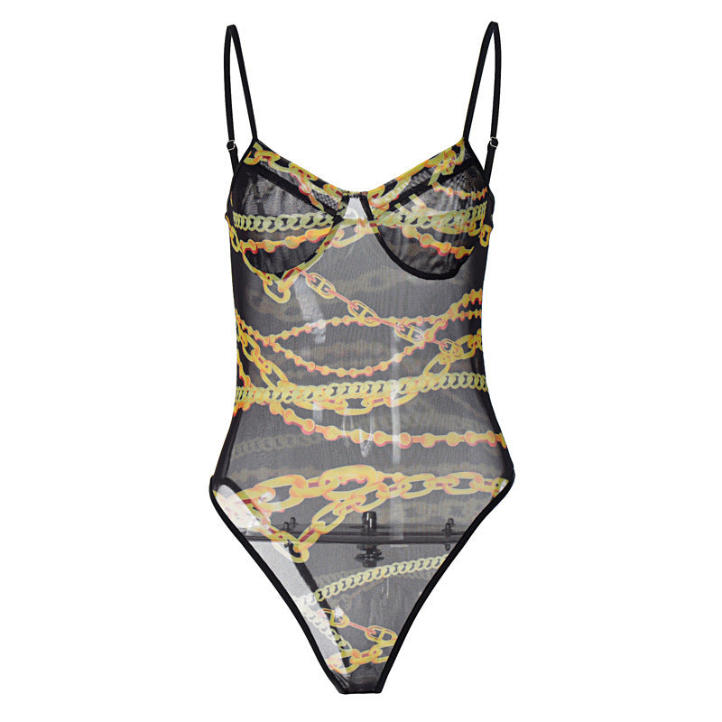 Women's Fashion V-Neck Sling Print Bodysuit