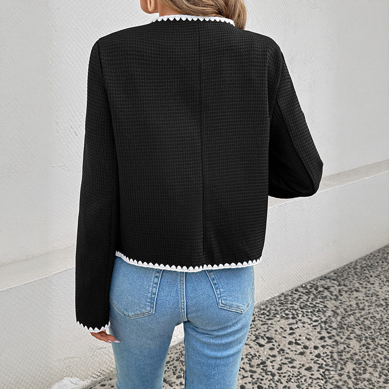 Loose V-neck Trim Contrast Color Non-buckle Coat For Women