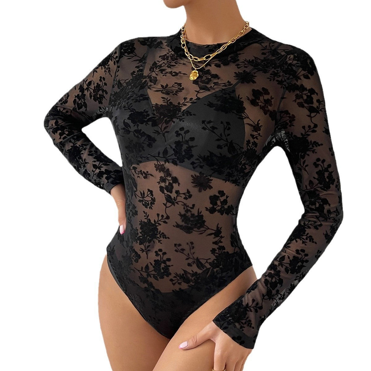 Lace Mesh Flocking Printing Sexy Slim Fit Long-sleeved Jumpsuit