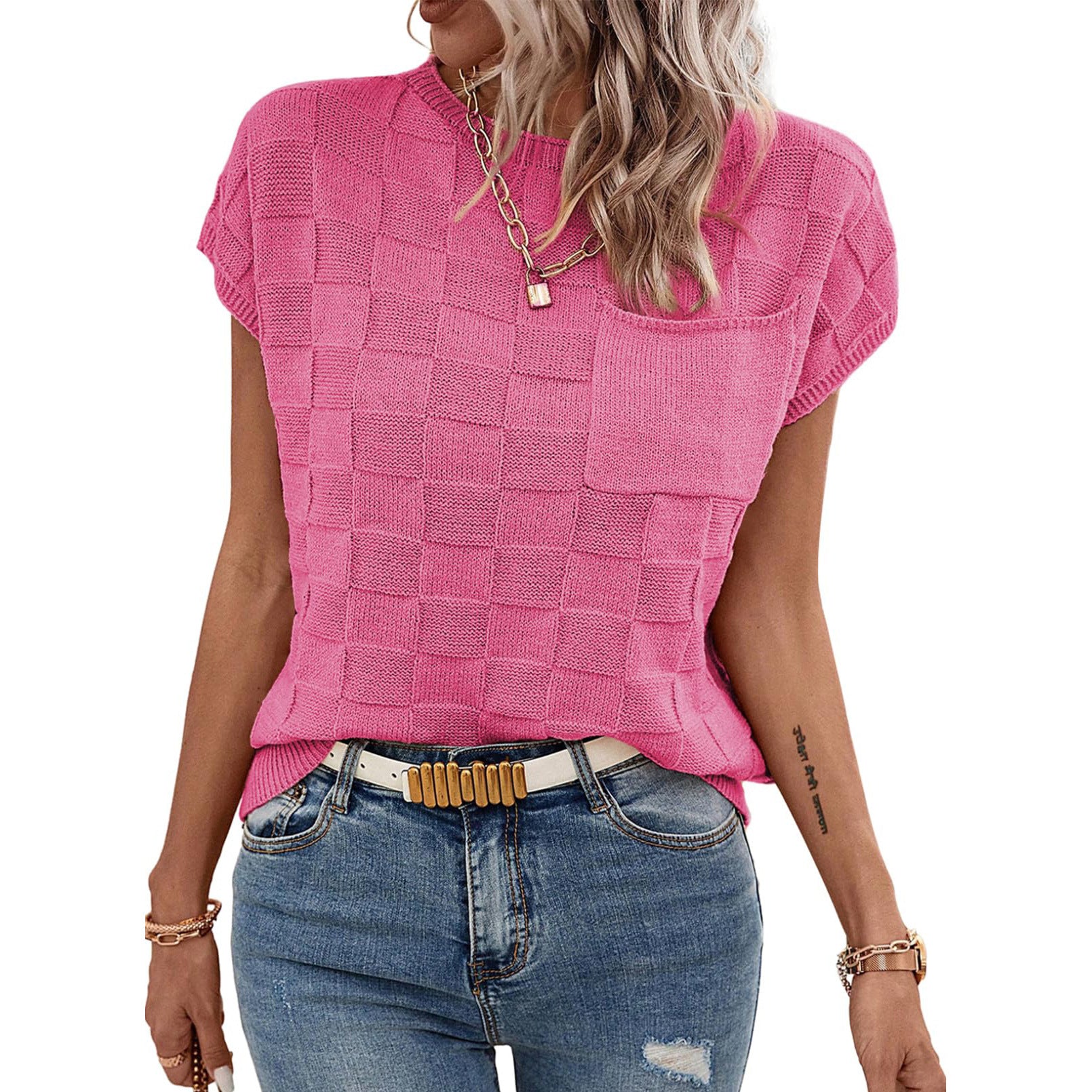 Small Plaid Knitted Casual Womens Top