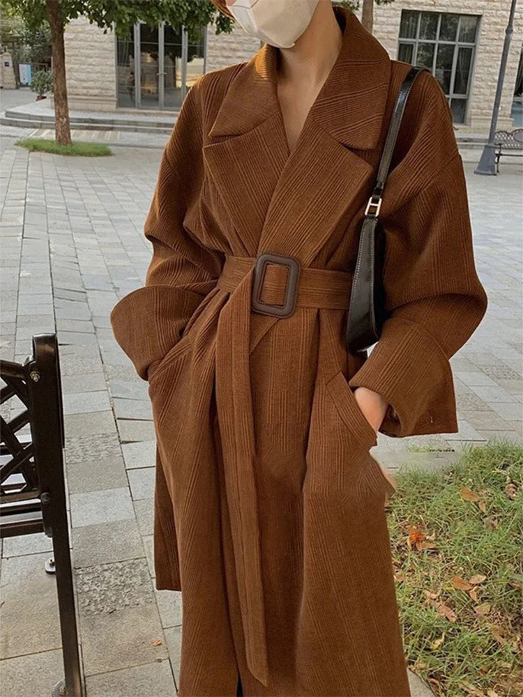 Elegant Notched Collar Adjustable Waist Long Woolen Coat For Women New Temperament Female Coats Tops Autumn Winter