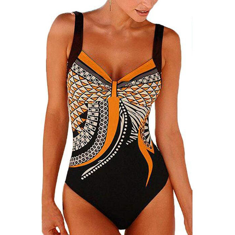 Strap retro printed sexy backless ladies one-piece swimsuit