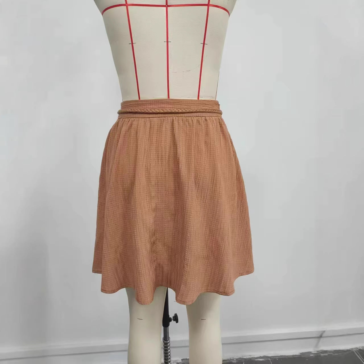 Womens Solid-Color High-Waist Ruched Lace-Up Skirt With Tassels