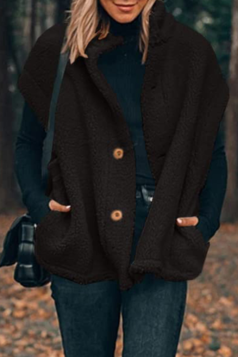 Cappotto gilet con colletto alla coreana con maniche in sherpa nero