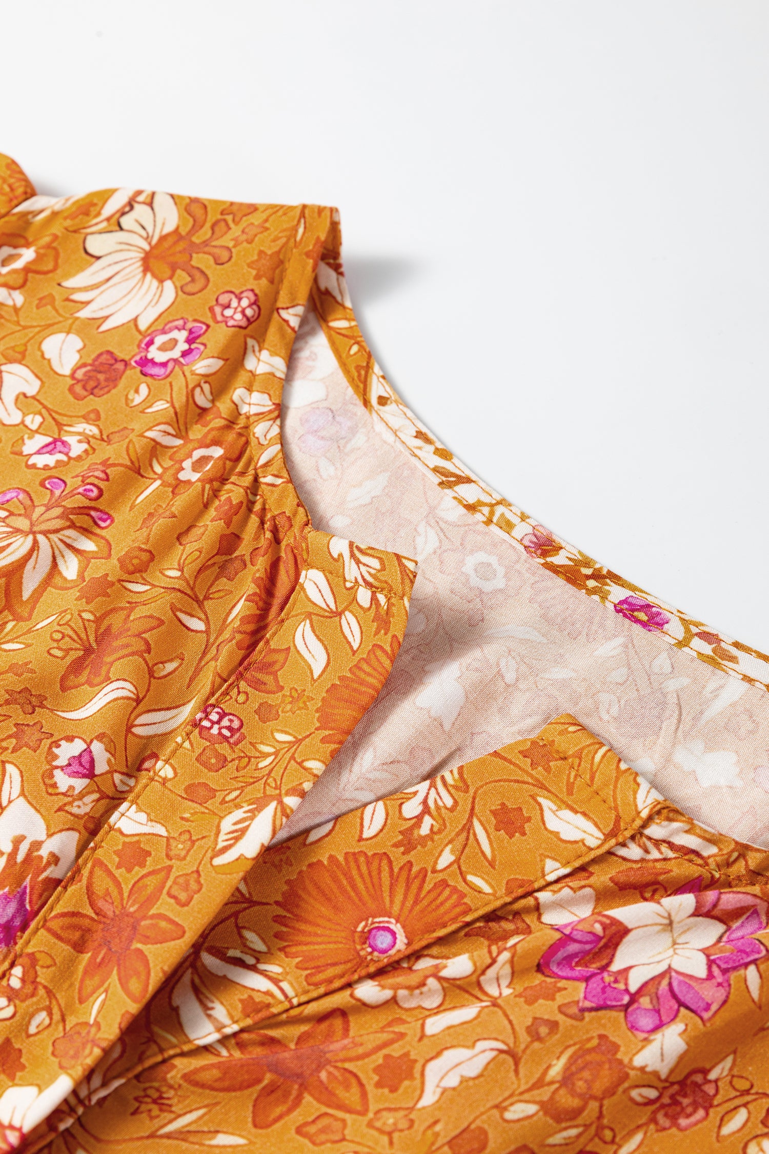 Orange Floral Print Smocked Waist Long Sleeve Boho Maxi Dress