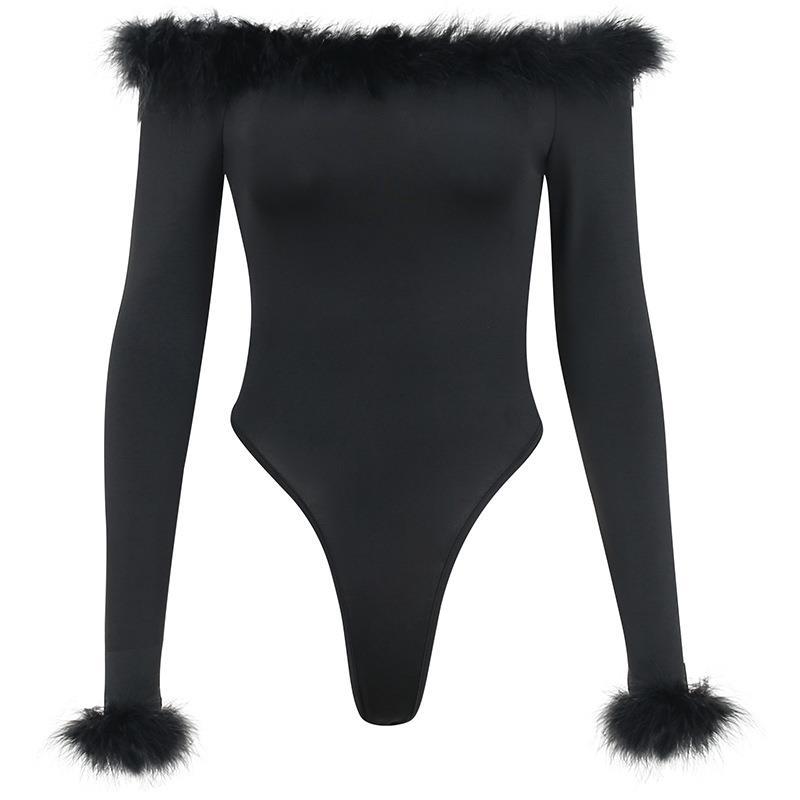 American-style Form-fitting Furry Off-shoulder Long-sleeve Jumpsuit For Outerwear