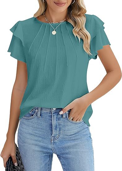 Summer Pleated Short Sleeve Round Neck Top Business Work Shirt