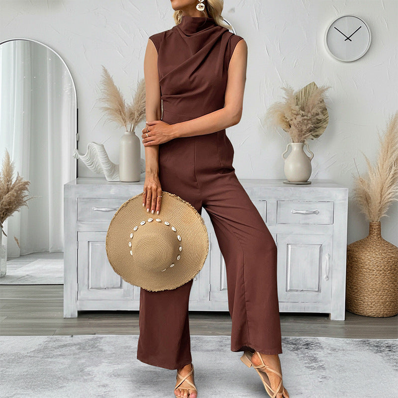 Casual Sleeveless Solid-color Boat-neck Wide-leg Jumpsuit