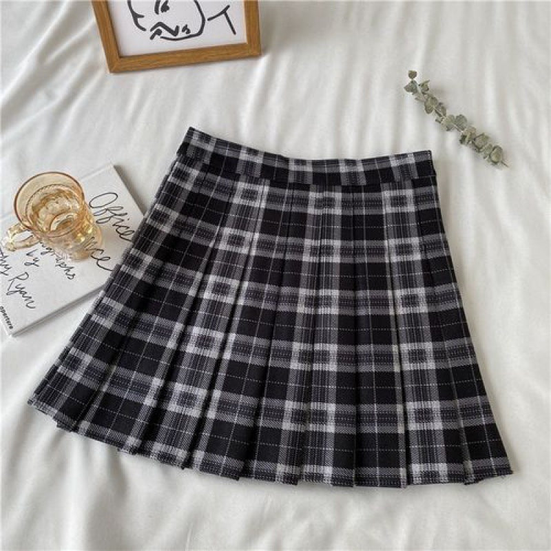 Autumn Winter Retro Coffee Color Plaid High Waist Half-length Summer Dress For Women