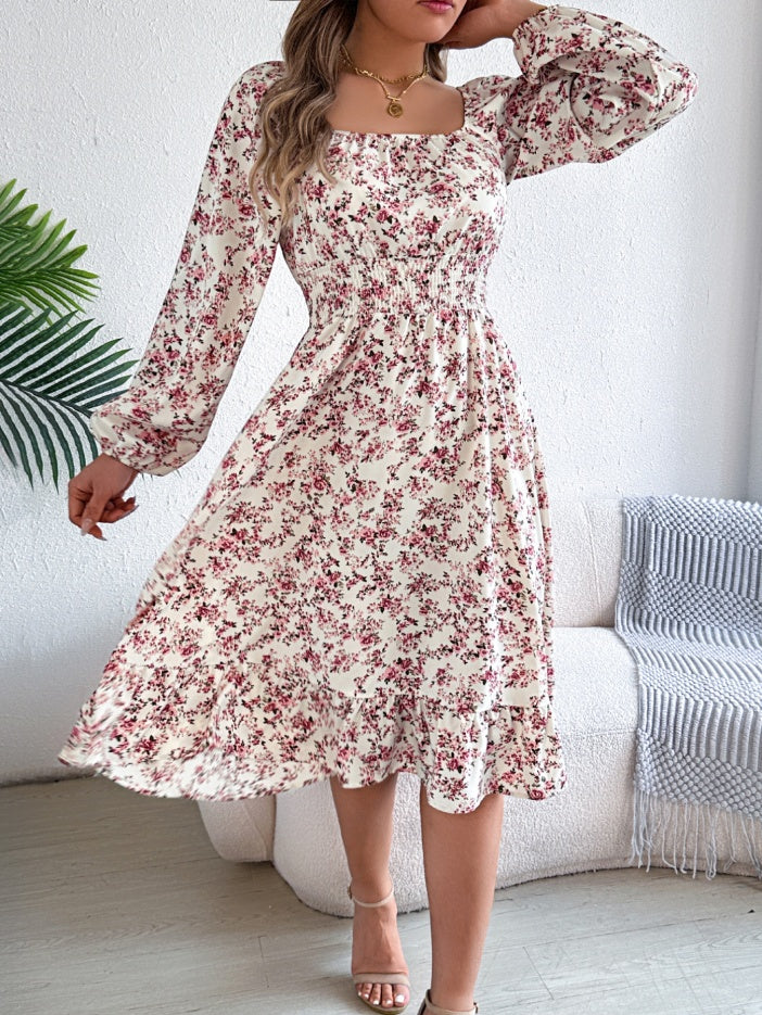 Women's Elegant Floral Square Neck Long Sleeve Waist-Defined Hem Ruffle A-Line Dress