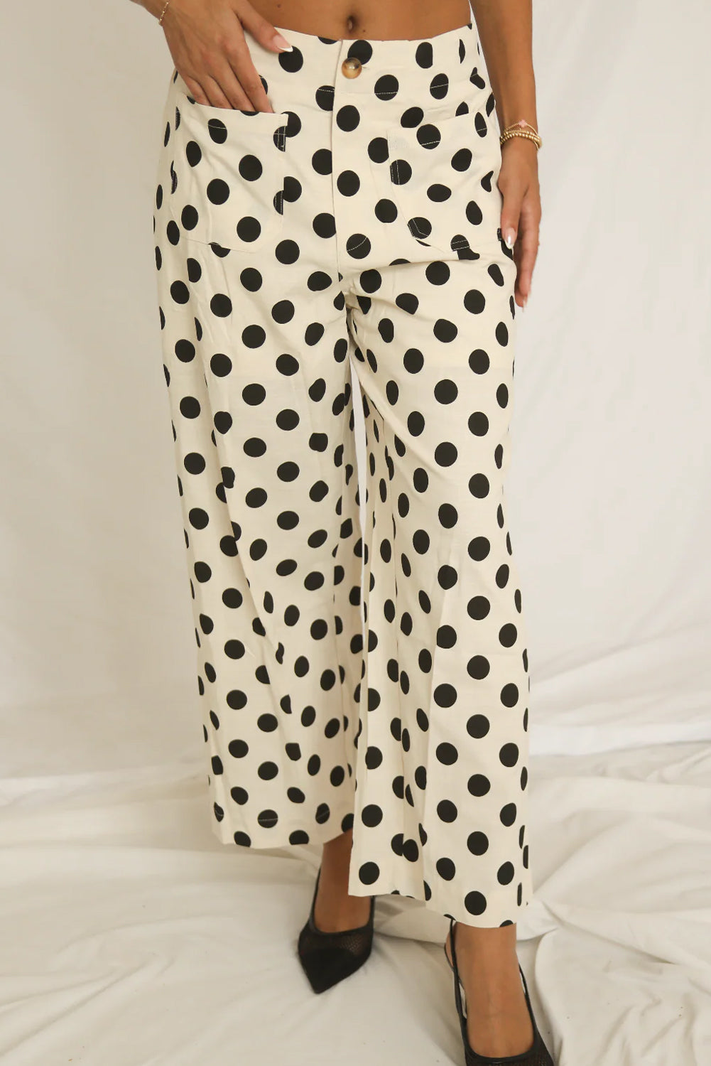 Black Polka Dot Print Patched Pocket Mid-rise Straight Leg Pants