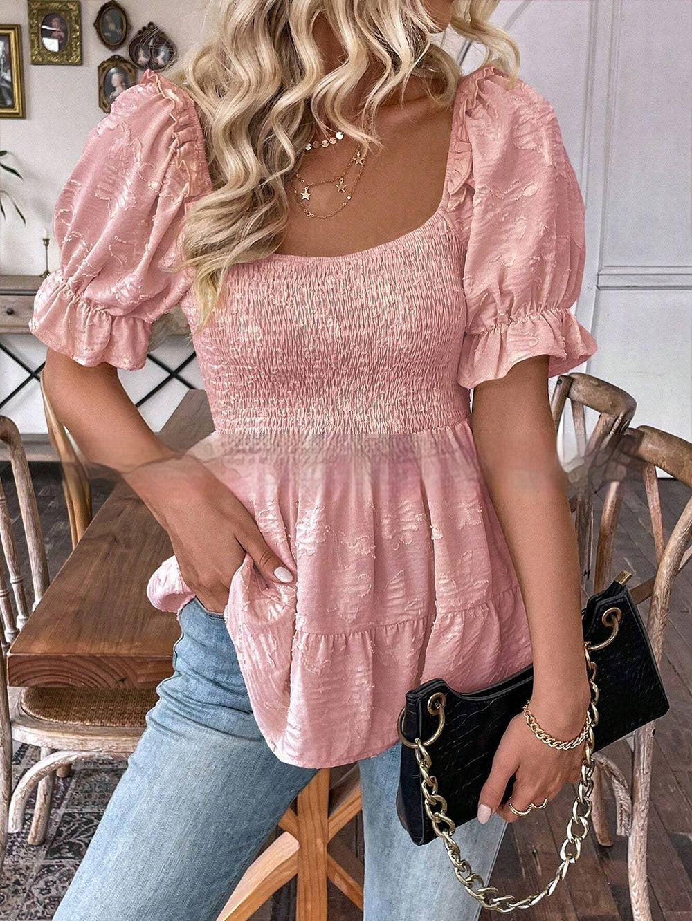 Elegant Tunic Top With A Square Neck Puff Sleeves And A Defined Waistline
