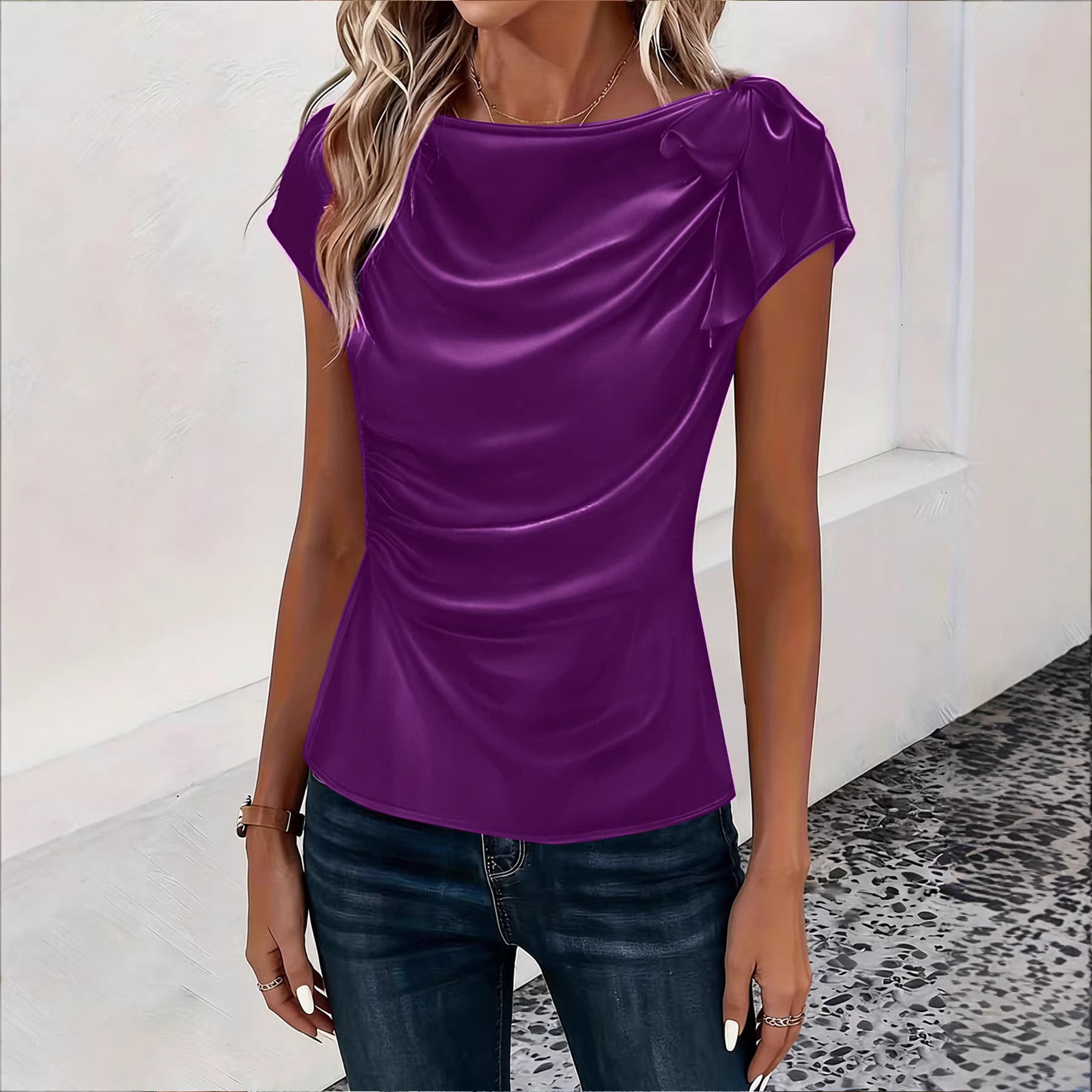 Solid-color Satin Faux-silk Off-the-shoulder Sleeveless Work Top