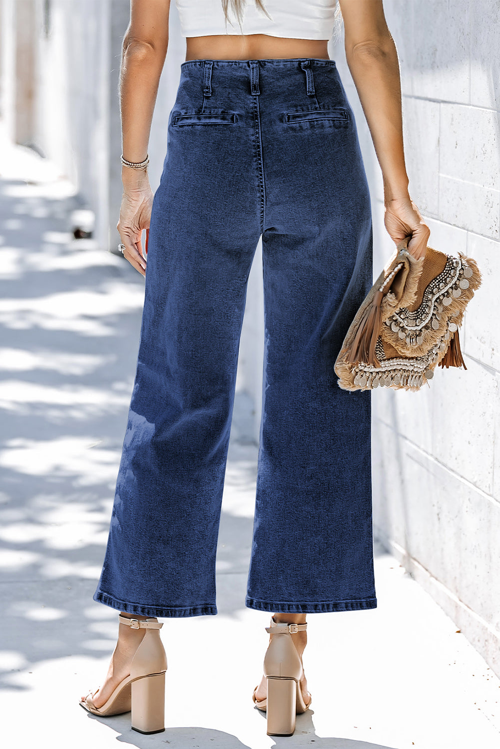 Gray High Waist Button Front Wide Leg Cropped Jeans