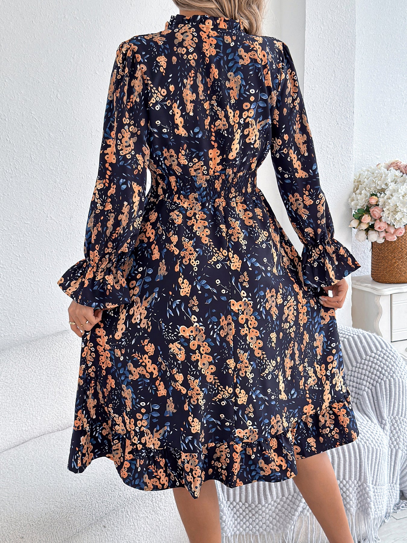 Women's Casual Floral Print Bell Sleeve Tie Waist A-Line Dress