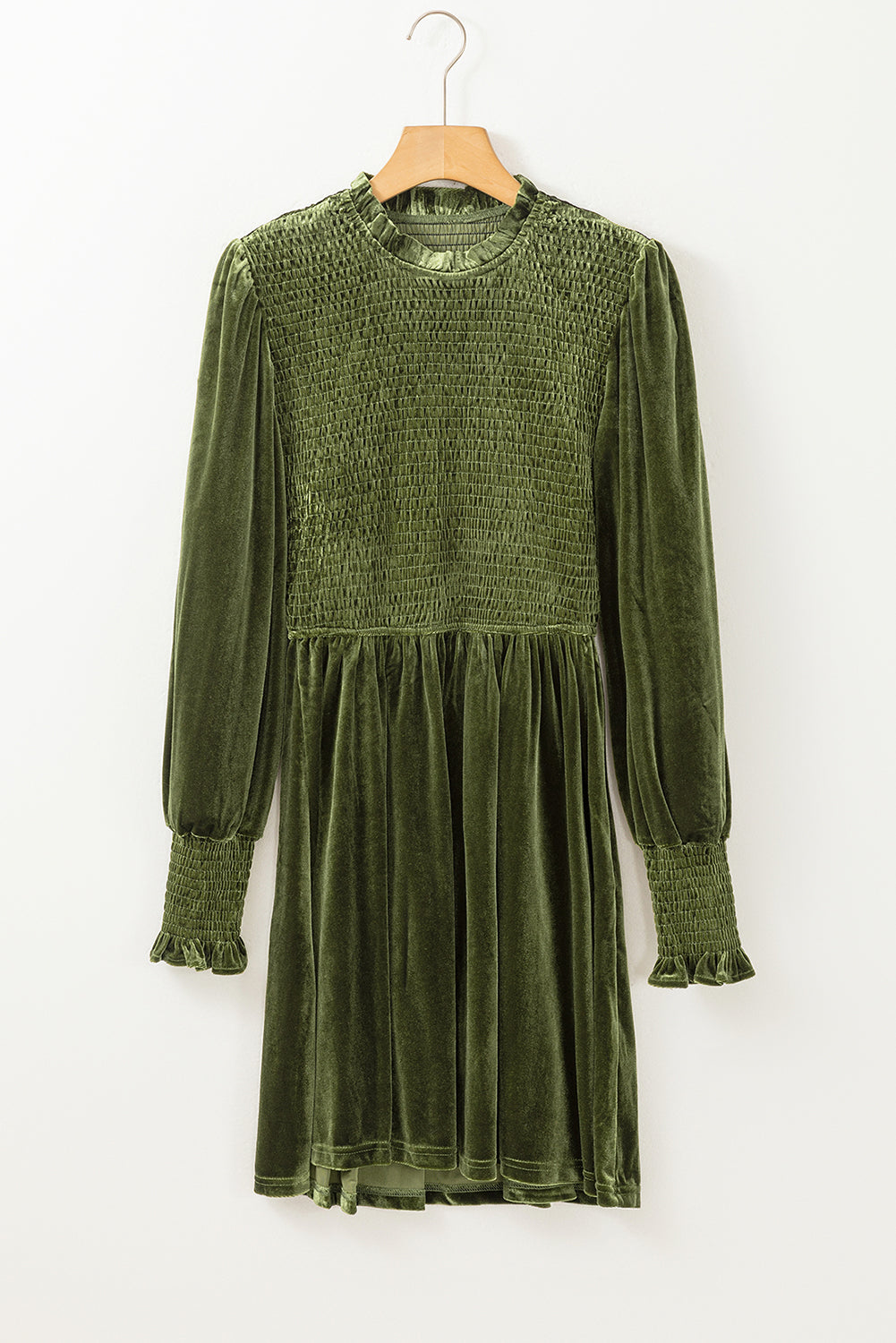 Green Smocked Lantern Sleeve Frilled Velvet Dress