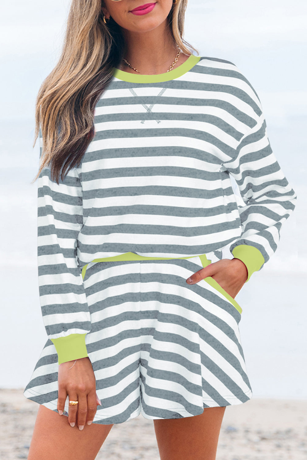 Gray Stripe Contrast Ribbed Banding Long Sleeve Blouse Loose Shorts Set