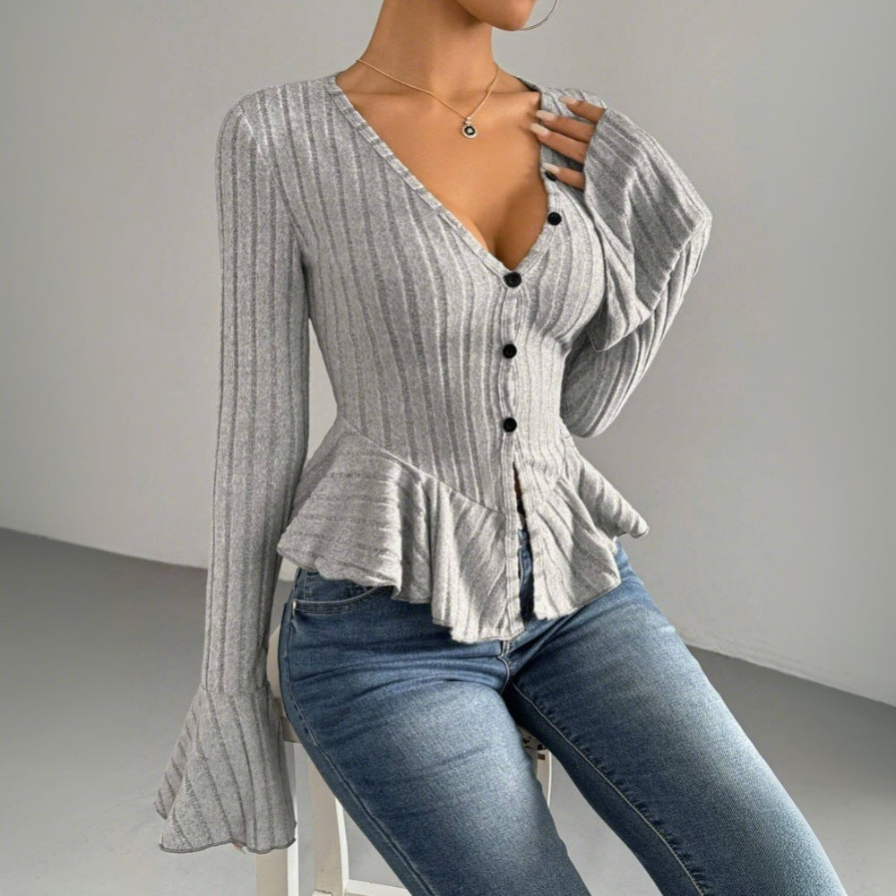 European And American Elegant Style Autumn And Winter New V-neck Ruffled Slim Temperament Top