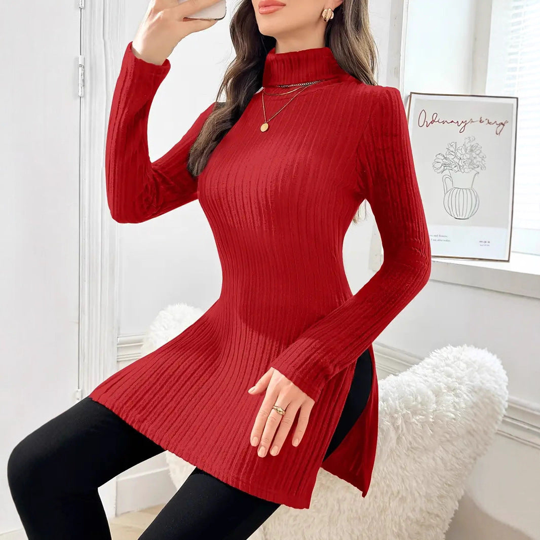 Plus Size Women's Turtleneck Pullover Side Slit Mid-length Sweater