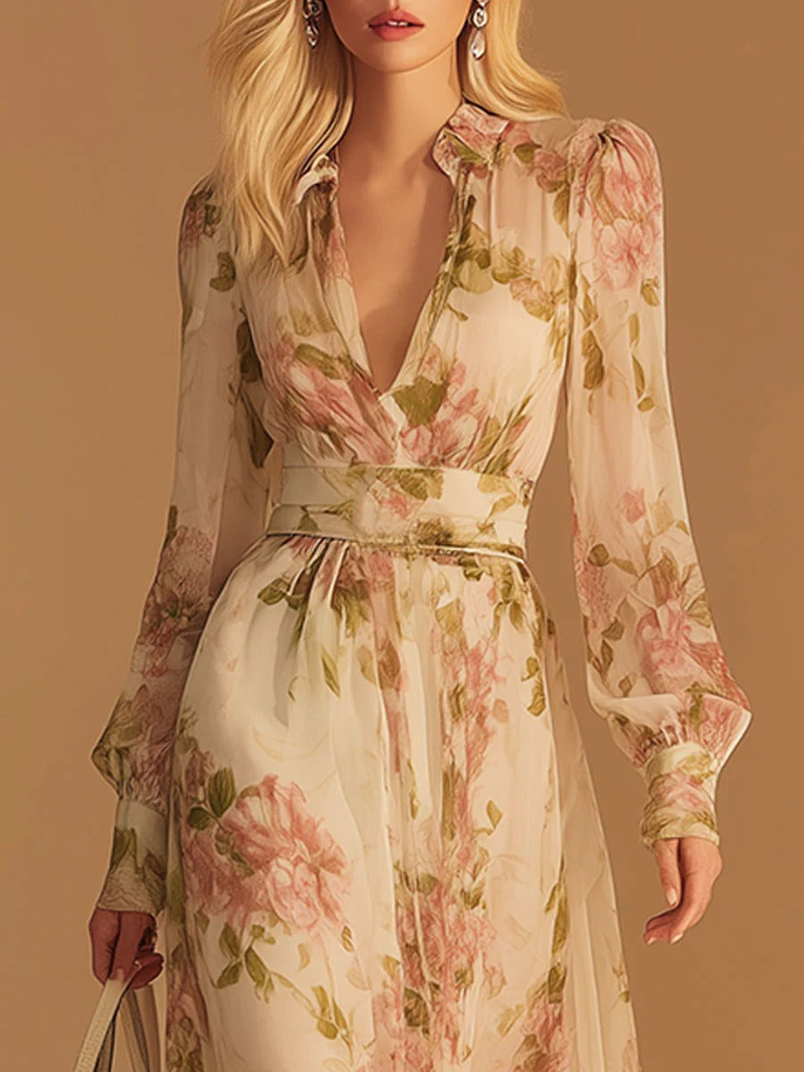 Floral-print V-neck French Vintage Mesh Dress