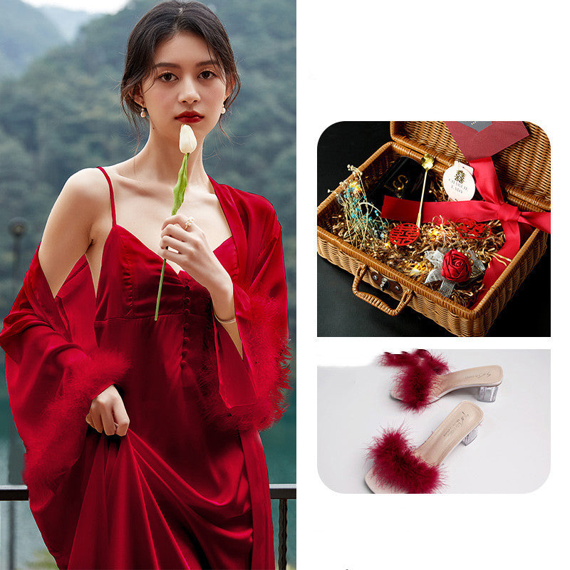 Bride's Ice Silk Cuff Feather Decoration Wedding Morning Robe