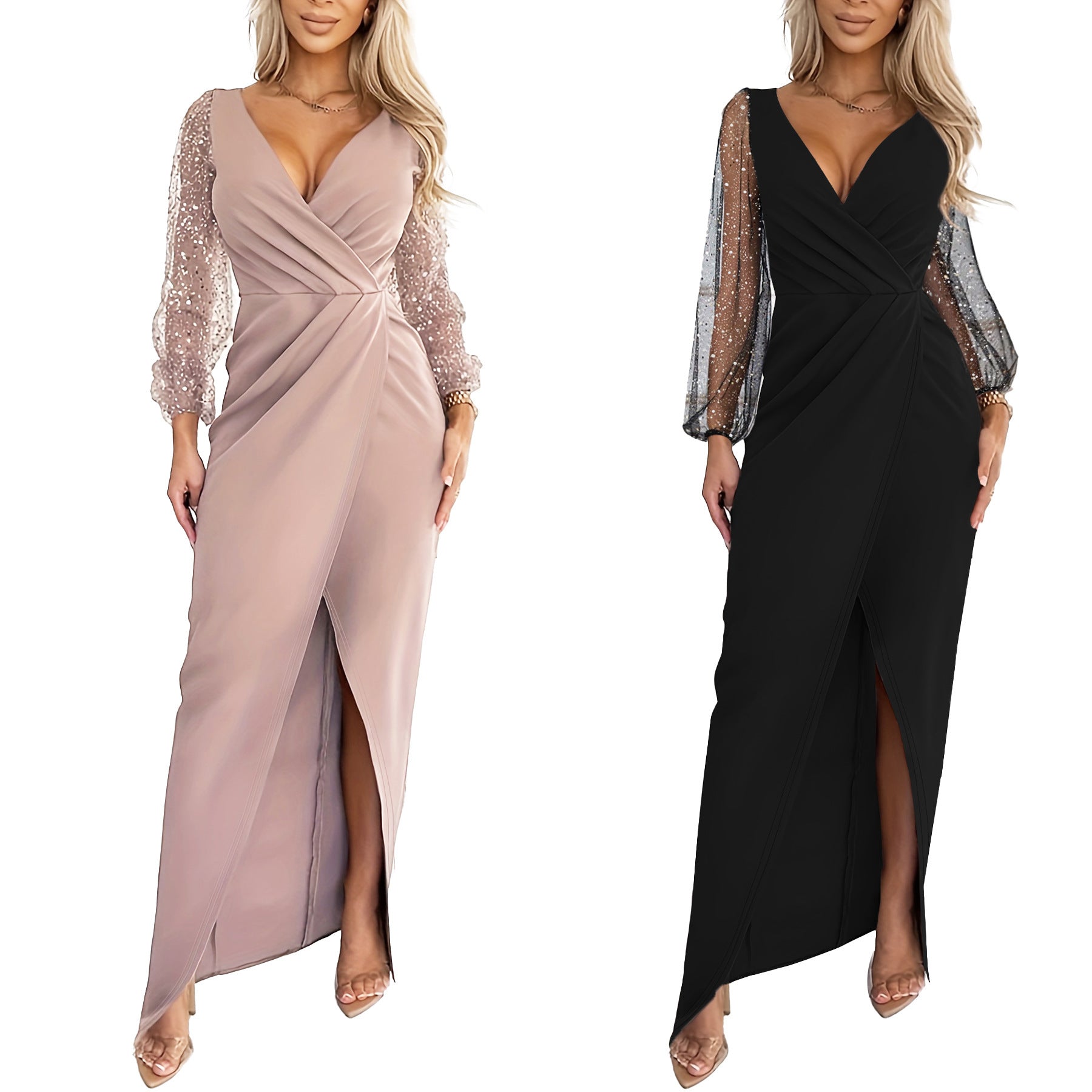 Sequined V-neck Hip Sexy Mesh Dress
