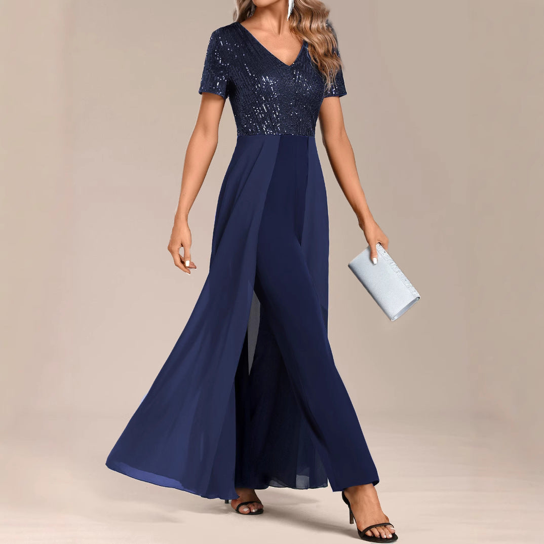 Solid Color Temperament Chiffon Sequin Splicing Women's Jumpsuit