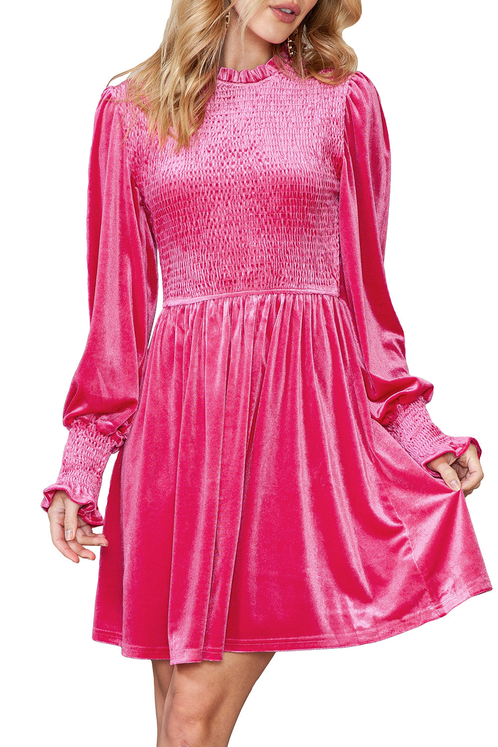 Green Smocked Lantern Sleeve Frilled Velvet Dress