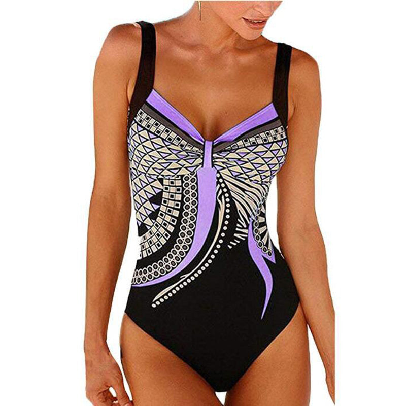 Strap retro printed sexy backless ladies one-piece swimsuit
