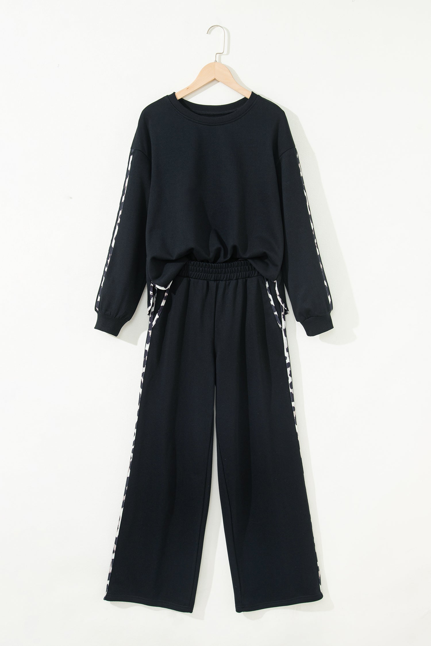 Black Contrast Leopard Trim Casual Sweatshirt Pant Set