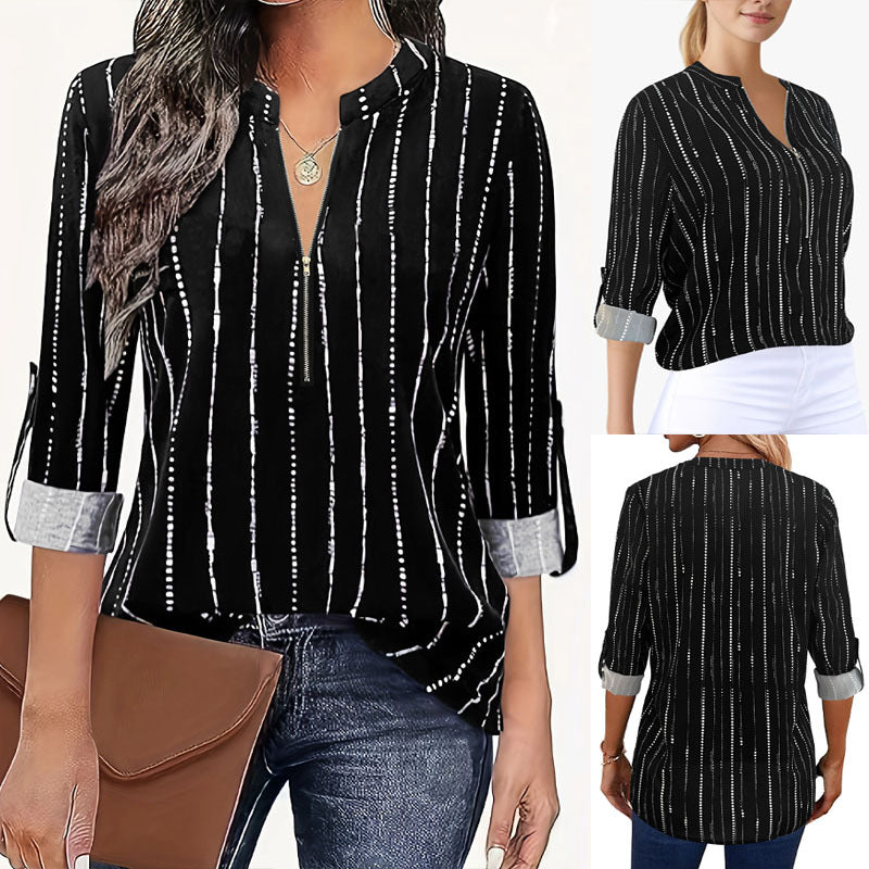 Elegant Striped Women's Zip-up Shirt