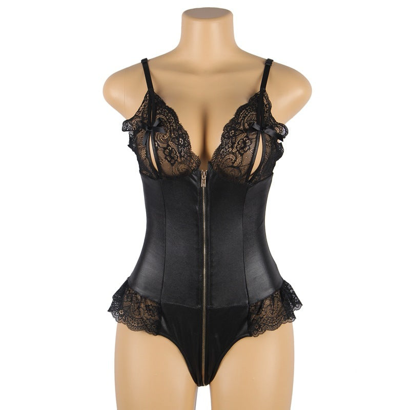 Sexy Lace Leather Stitching Zipper Sexy Bodysuit