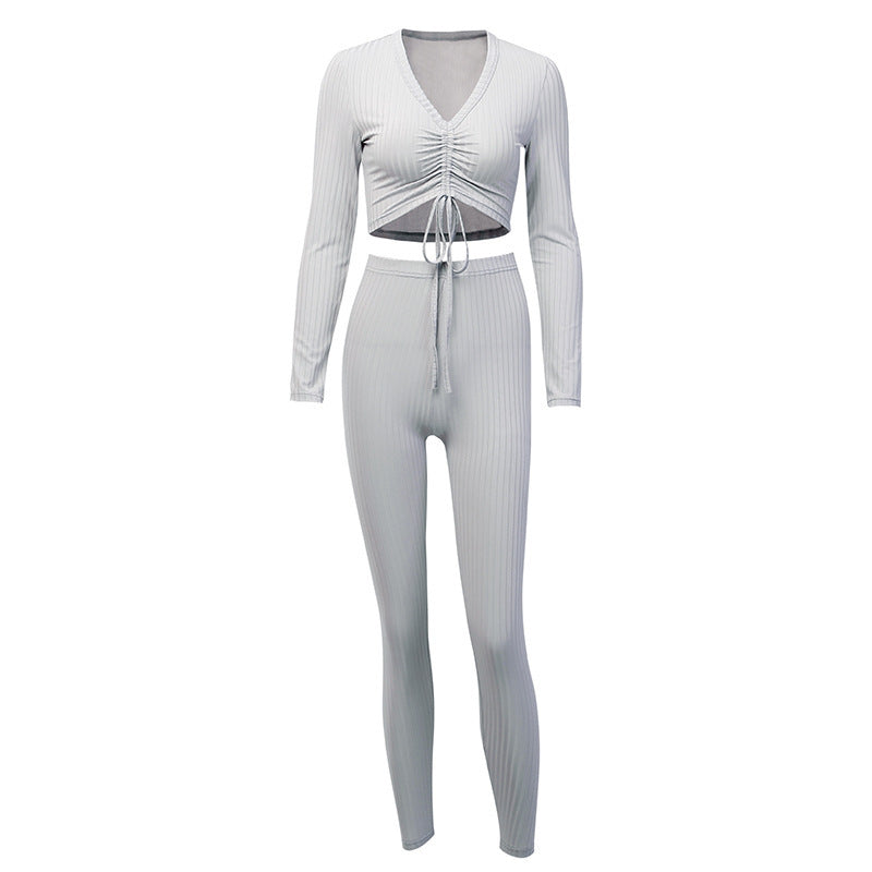 Navel V-neck Tights Casual Trousers Knitted Sports Suit