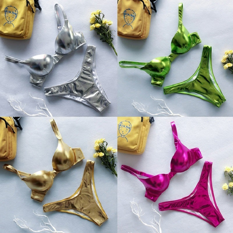 Amazon Blasts Shiny Leather Hard Bag Two-Piece Bikini European And American Gathered Swimwear Aliexpress Cross-Border Swimsuit