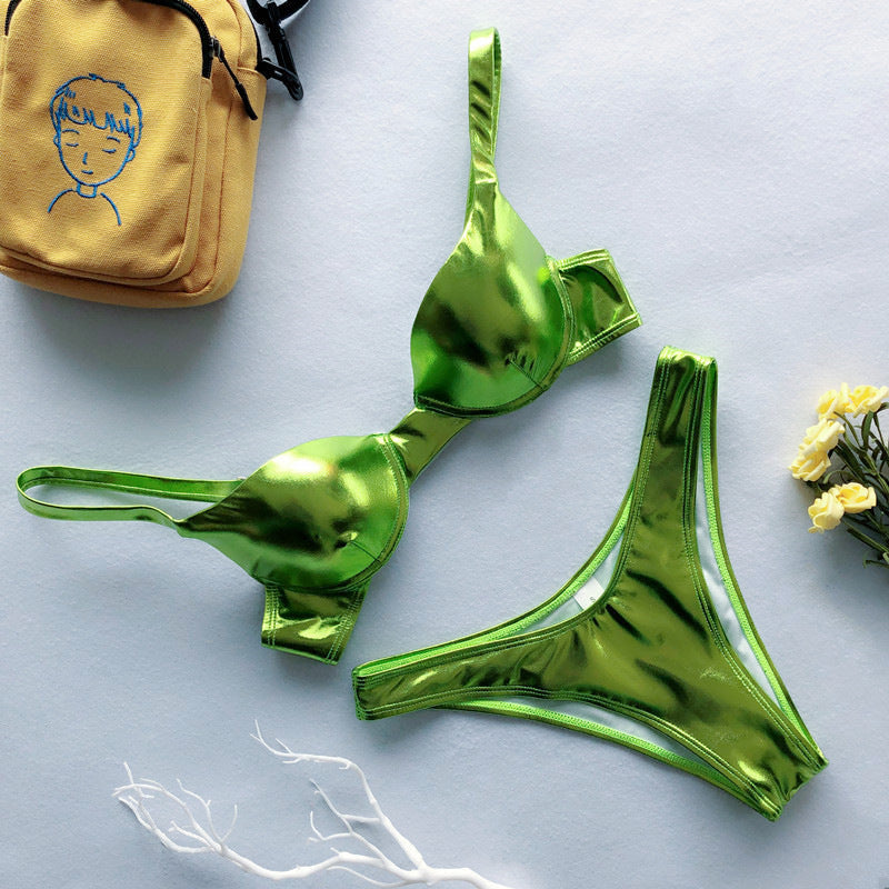 Amazon Blasts Shiny Leather Hard Bag Two-Piece Bikini European And American Gathered Swimwear Aliexpress Cross-Border Swimsuit