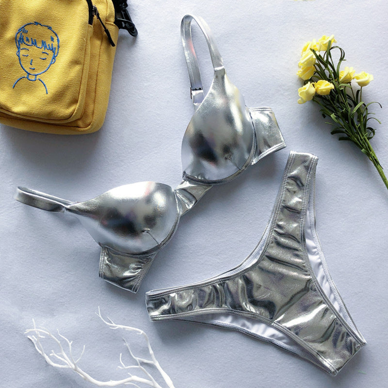 Amazon Blasts Shiny Leather Hard Bag Two-Piece Bikini European And American Gathered Swimwear Aliexpress Cross-Border Swimsuit