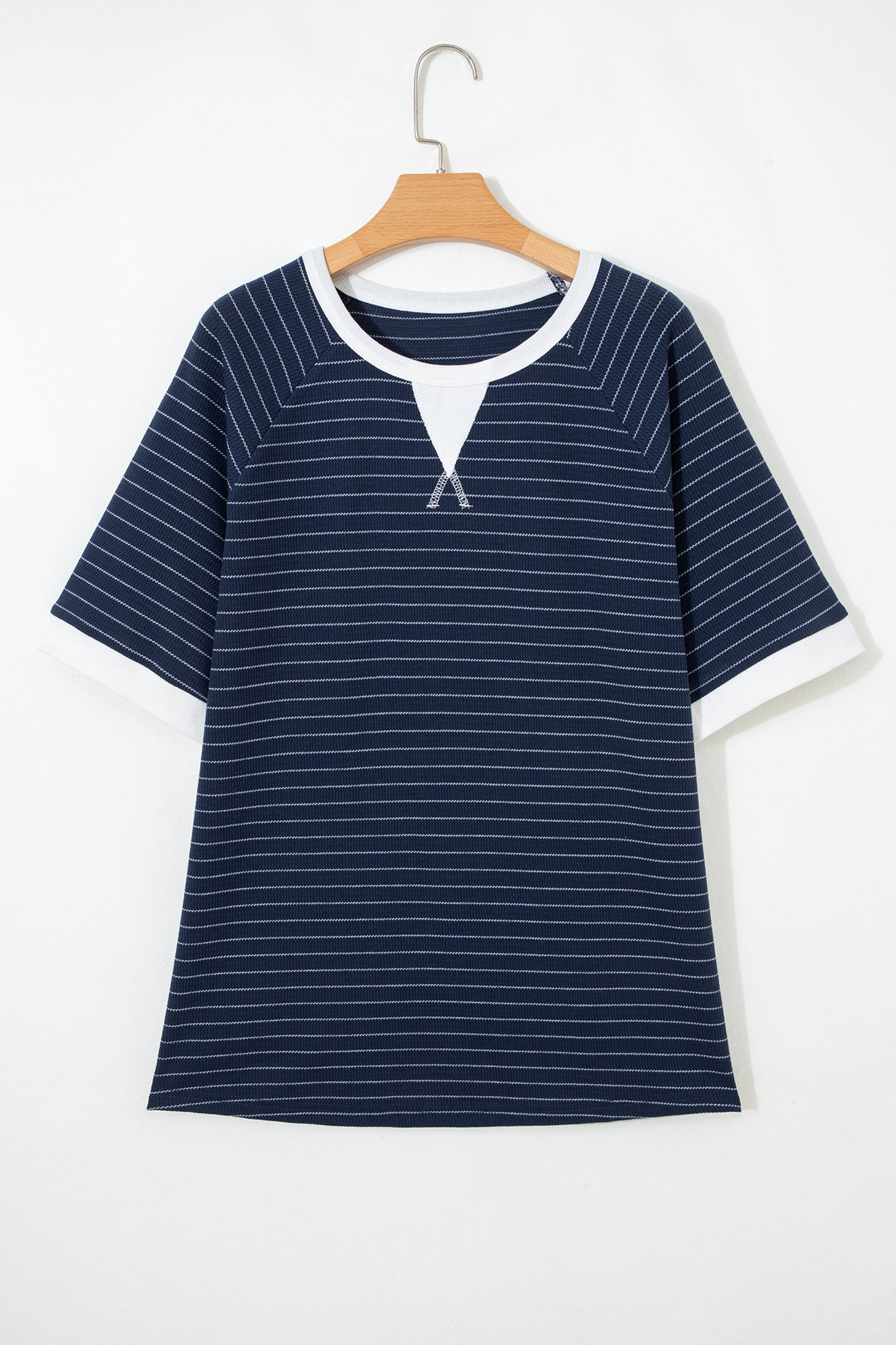 Blue Stripe Contrast Trim Plus Size Ribbed T Shirt